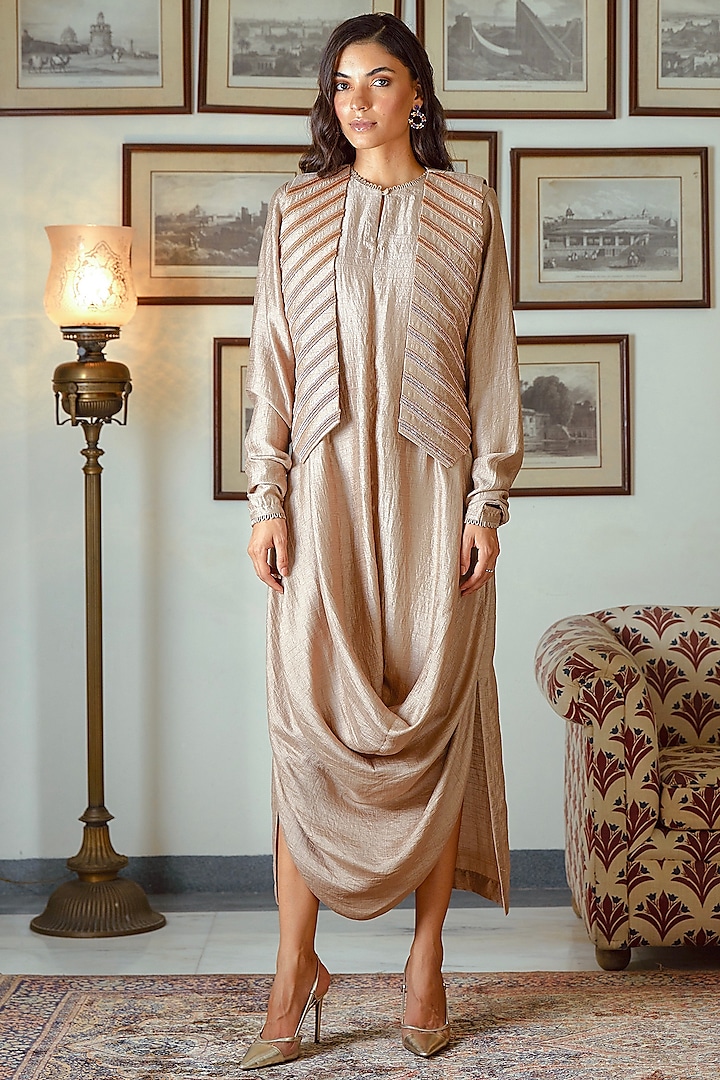 Rose Gold Cowl Dress With Embroidered Waistcoat by Twinkle Hanspal