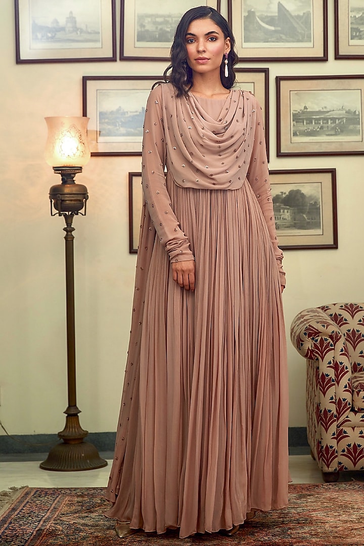 Rose Gold Hand Embroidered Anarkali by Twinkle Hanspal