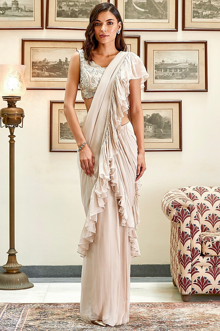 Ivory Ruffled Embroidered Saree Set by Twinkle Hanspal