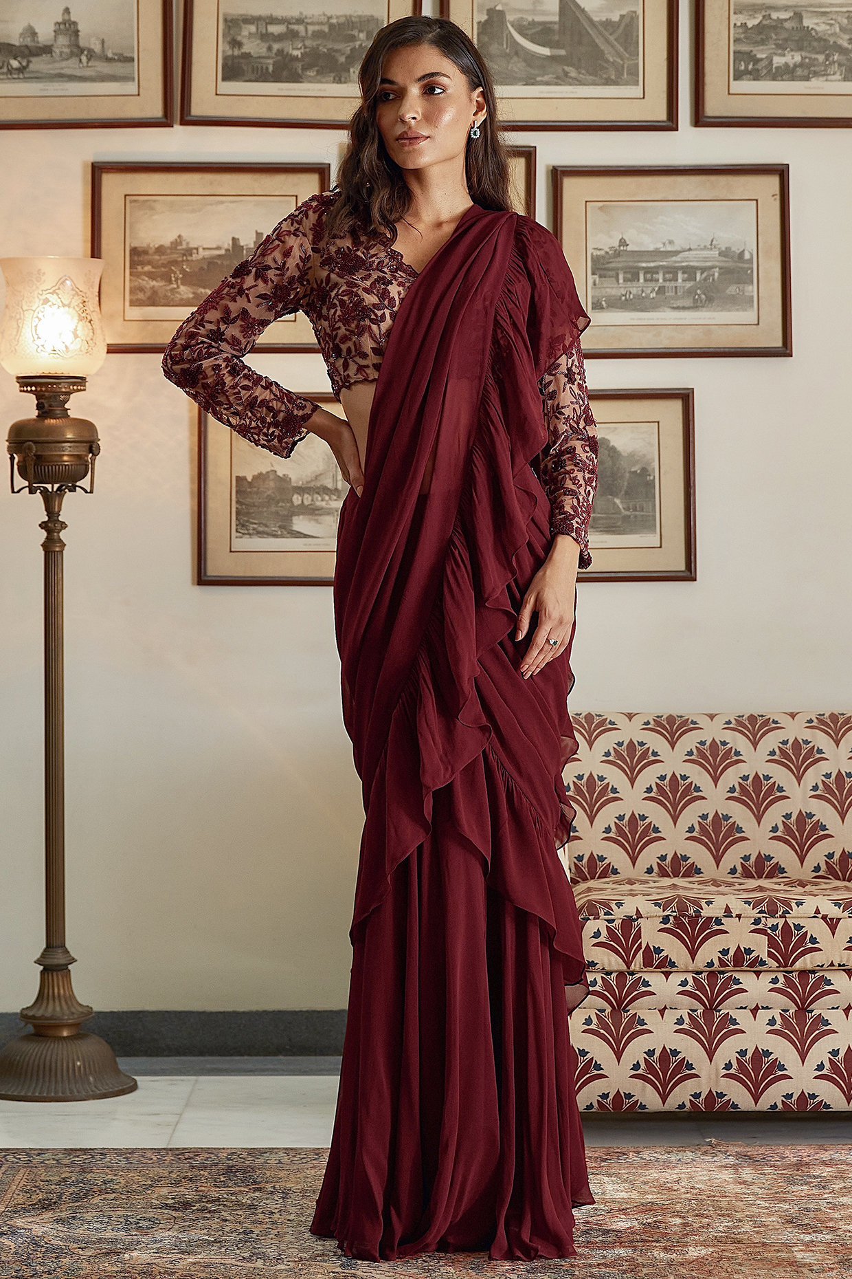 Wine Embroidered Sharara Saree Set by Twinkle Hanspal