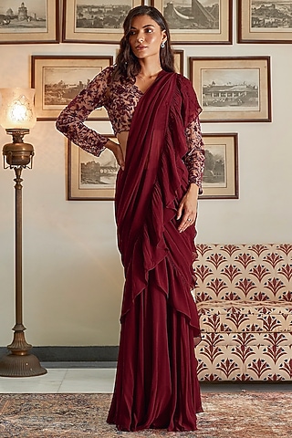 Wine Georgette Ruffled Sharara Saree Set by Twinkle Hanspal