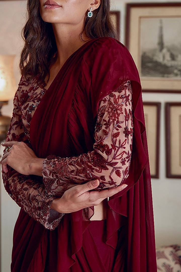 Wine Georgette Ruffled Sharara Wedding Saree Set by Twinkle Hanspal at Pernia's Pop Up Shop