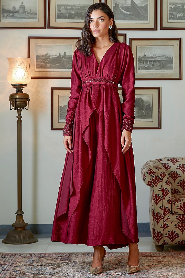 Wine Embroidered Waterfall Jumpsuit With Attached Belt by Twinkle Hanspal
