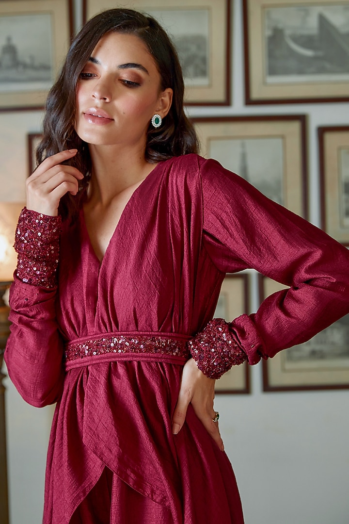 Wine Embroidered Waterfall Jumpsuit With Attached Belt by Twinkle Hanspal at Pernia's Pop Up Shop
