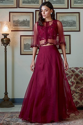 Wine Embroidered Cape Lehenga Set by Twinkle Hanspal