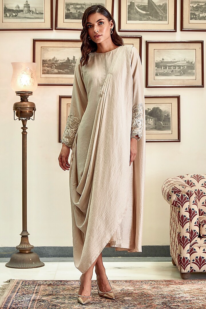 Ivory Embroidered Tunic Draped Saree by Twinkle Hanspal