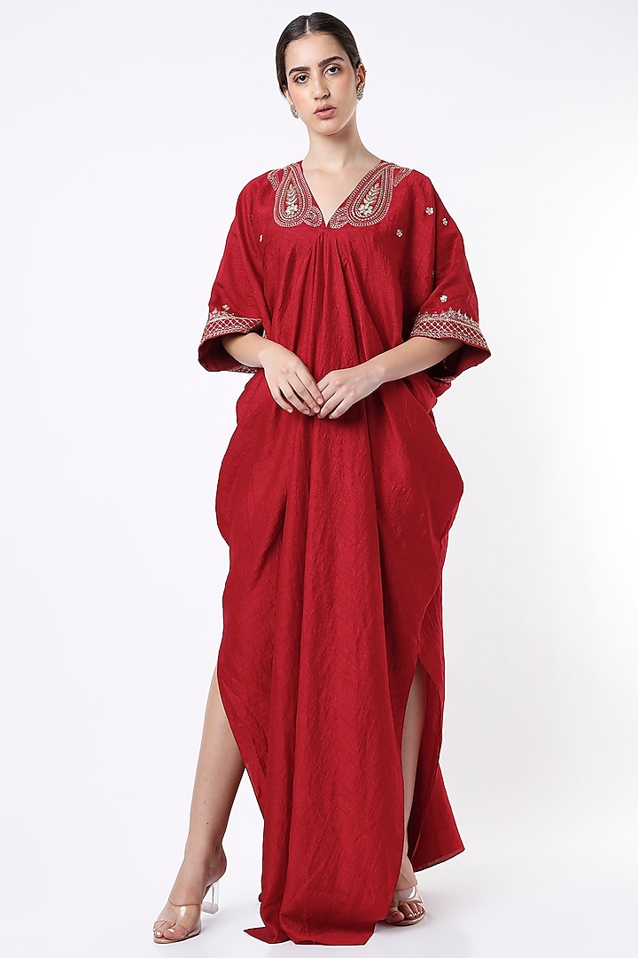 Red Hand Embroidered Kaftan by Twinkle Hanspal at Pernia's Pop Up Shop