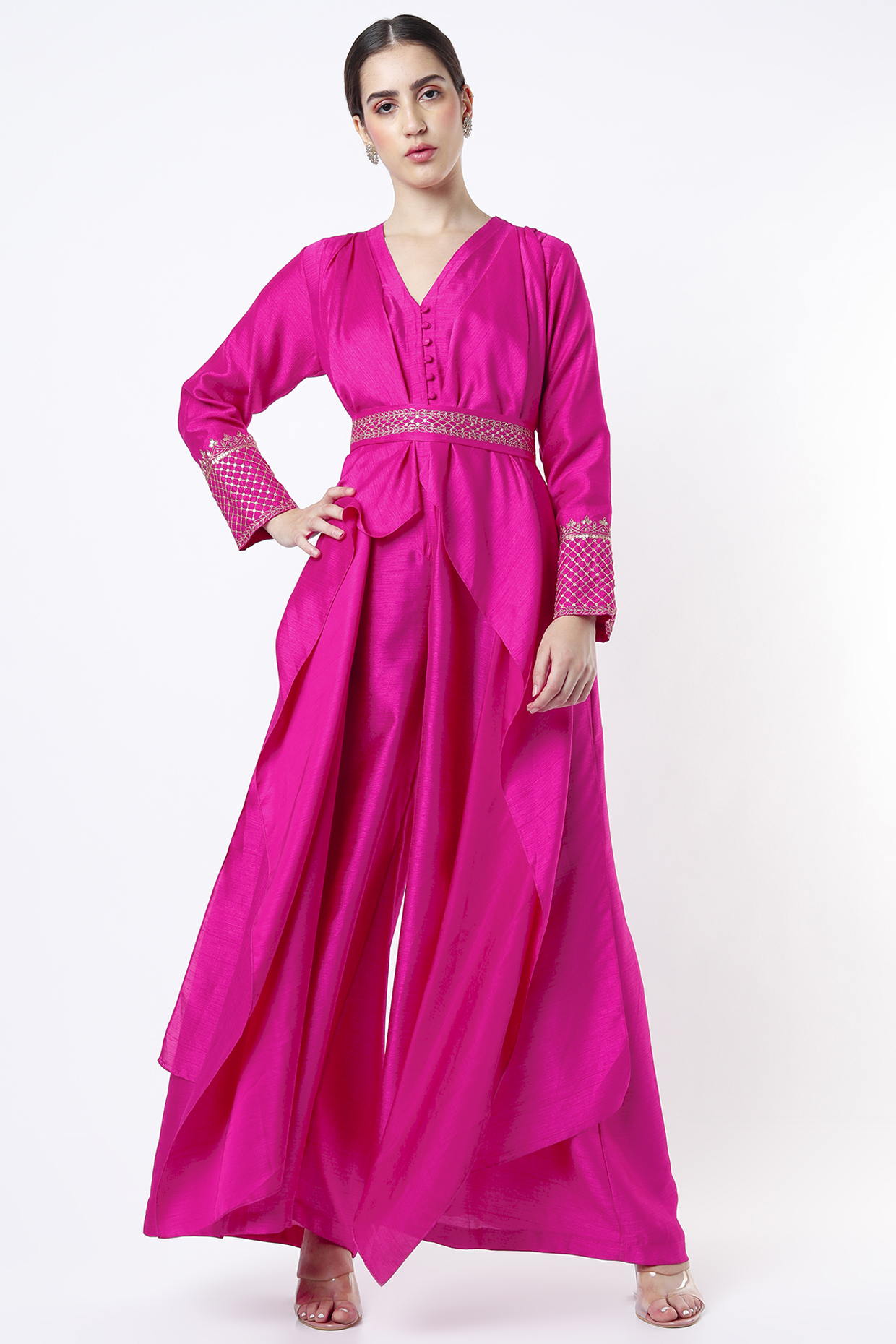 Fuchsia Hand Embroidered Draped Jumpsuit by Twinkle Hanspal at Pernia's Pop Up Shop