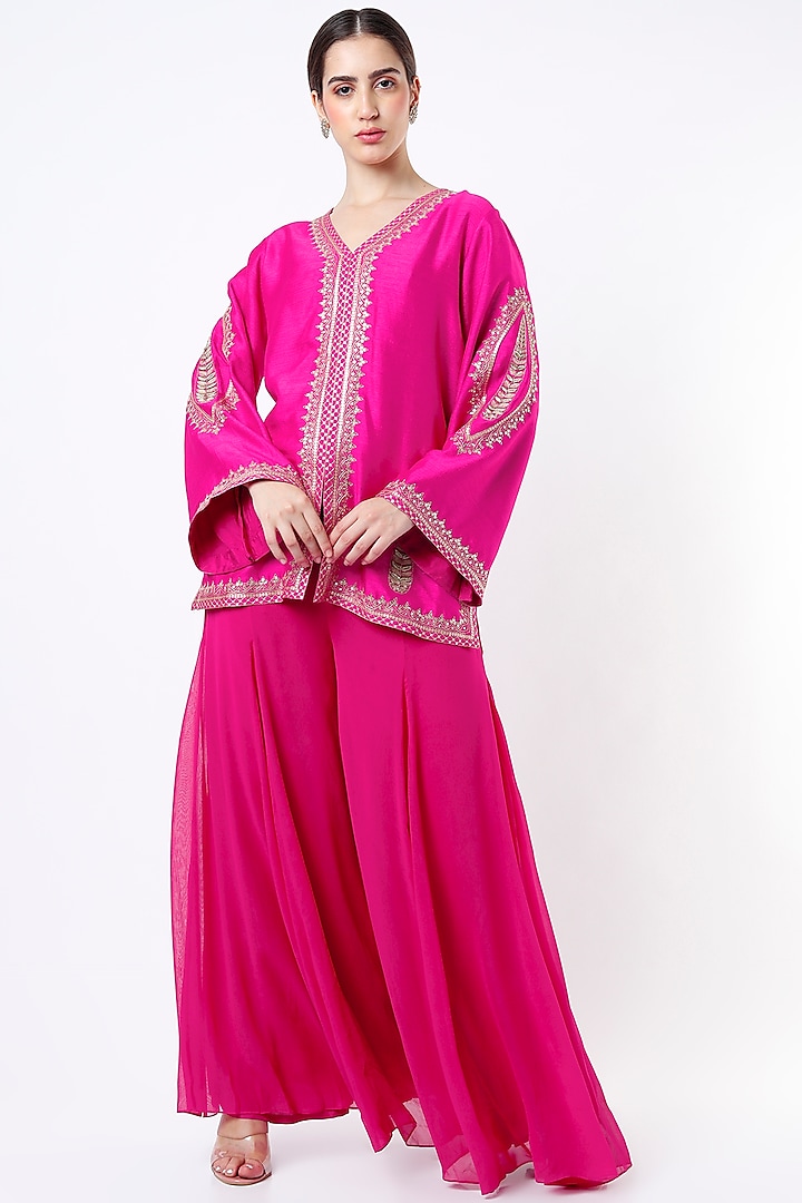 Fuchsia Satin Slub Sharara Set by Twinkle Hanspal