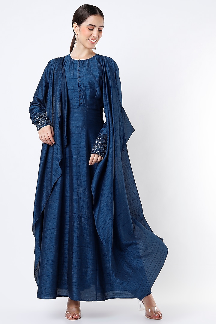 Midnight Blue Draped Wedding Anarkali by Twinkle Hanspal at Pernia's Pop Up Shop
