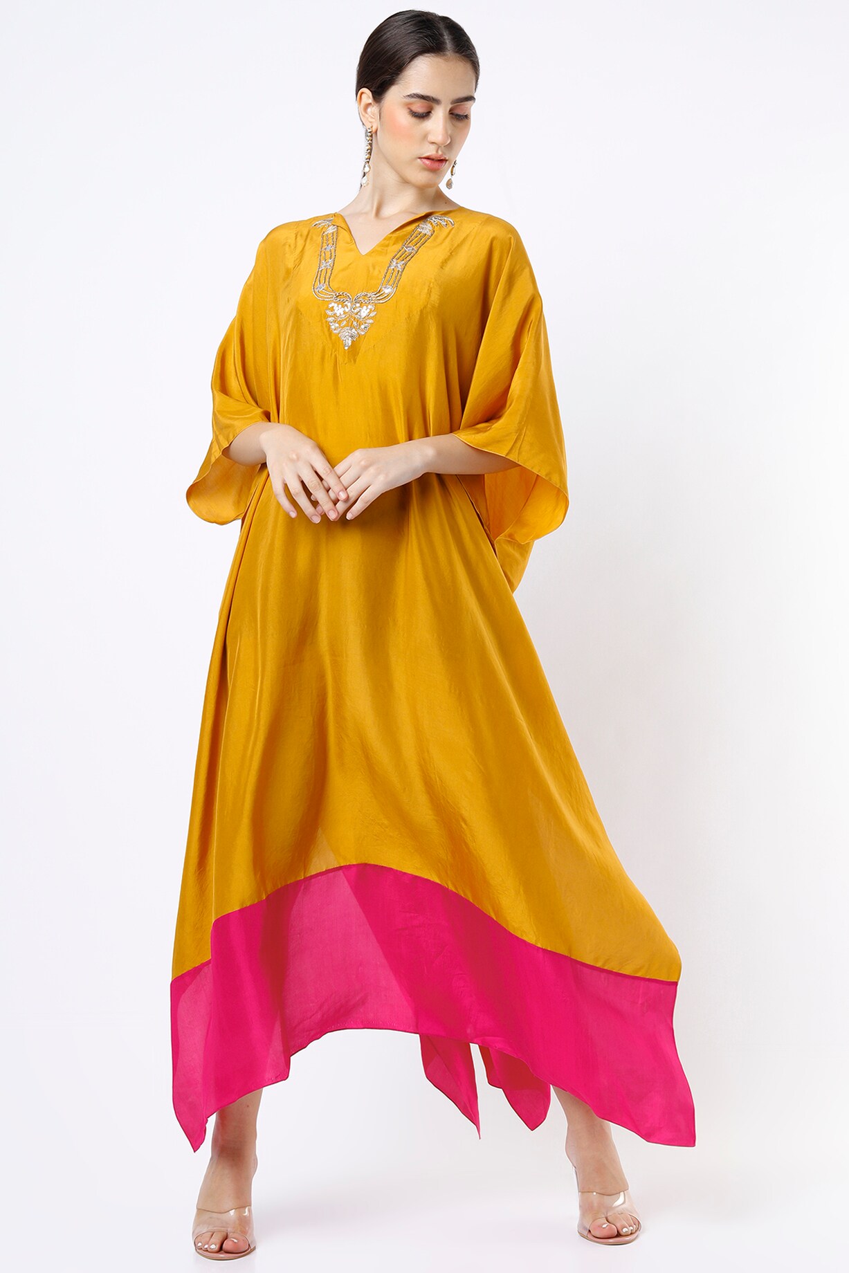 Mustard Yellow Hand Embroidery Kaftan Set