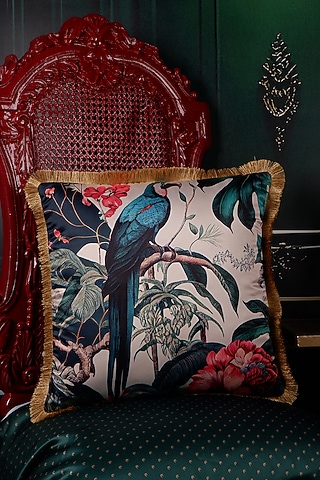 Multi-Colored Satin Tropical Printed Cushion Cover by The White Ink Decor