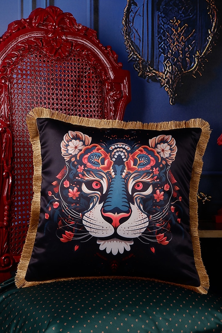 Multi-Colored Satin Lion Face Printed Cushion Cover by The White Ink Decor