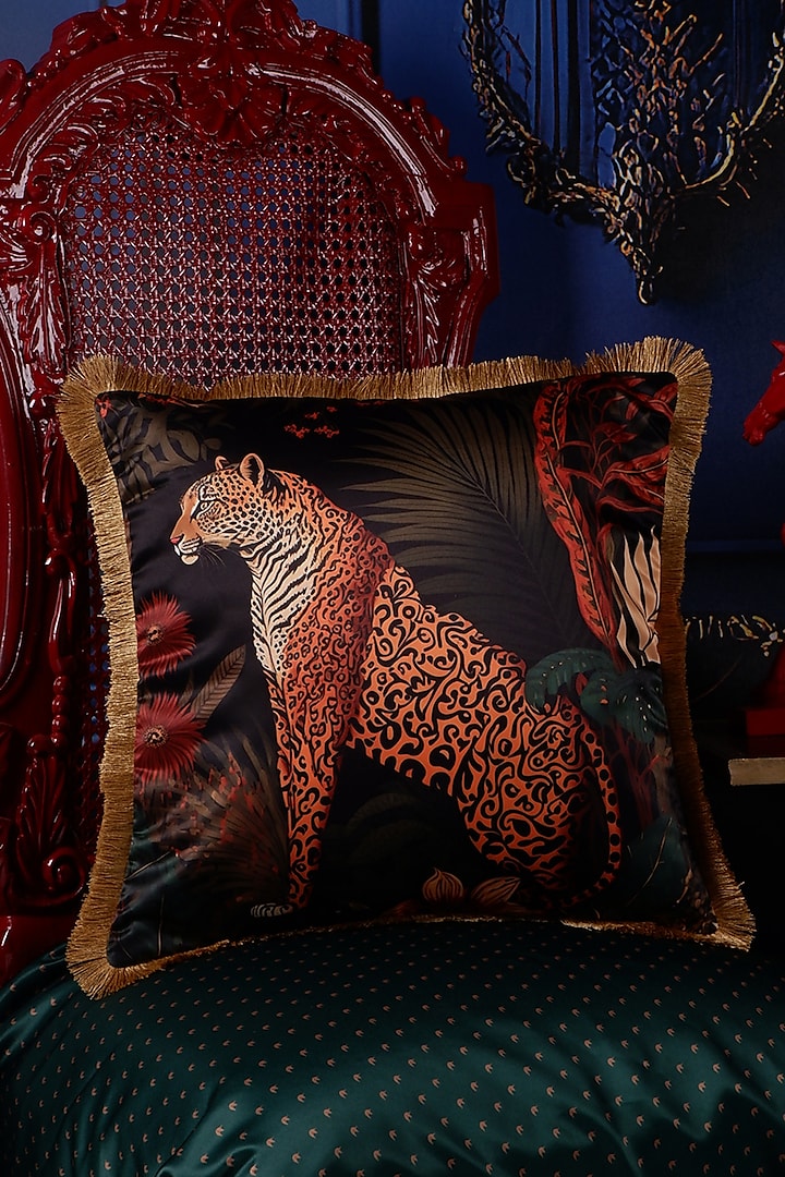 Multi-Colored Satin Tiger Printed Cushion Cover by The White Ink Decor