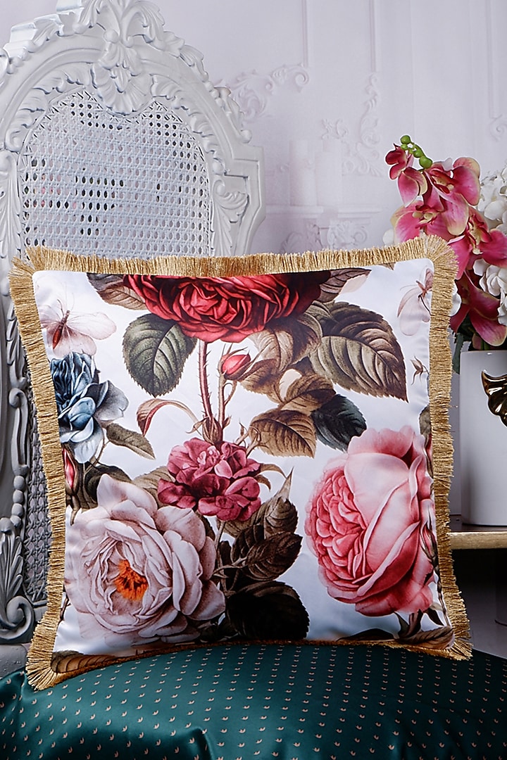 Multi-Colored Satin Floral Printed Cushion Cover by The White Ink Decor