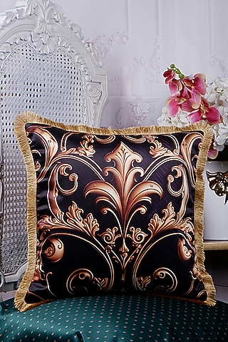 Blue & Gold Satin Motif Printed Cushion Cover by The White Ink Decor