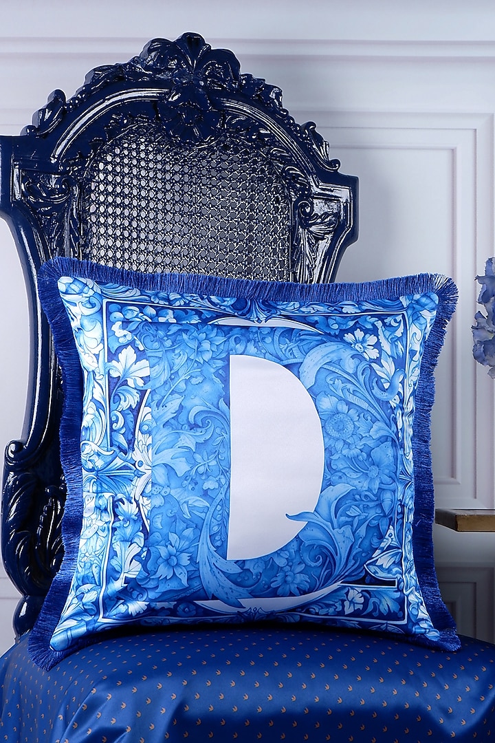 Royal Blue Satin Printed Cushion Cover by The White Ink Decor at Pernia's Pop Up Shop