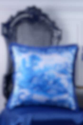 Royal Blue Satin Printed Cushion Cover by The White Ink Decor