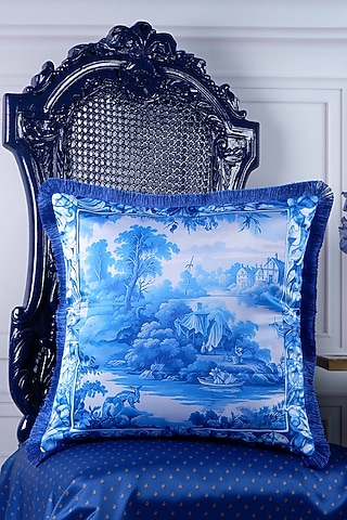 Royal Blue Satin Printed Cushion Cover by The White Ink Decor