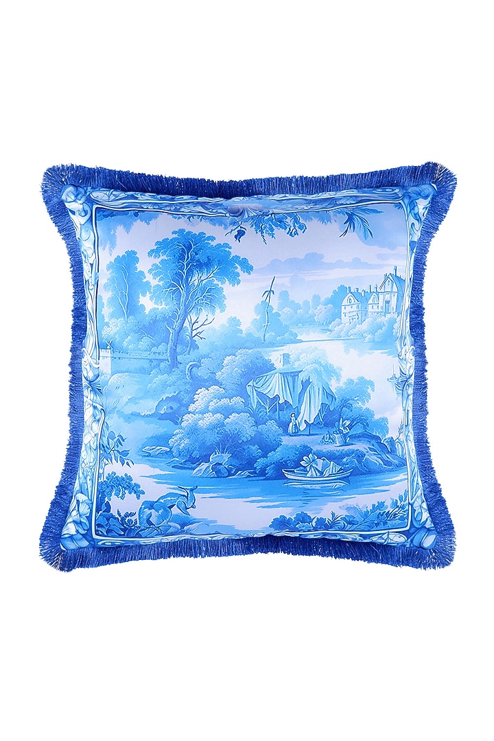 Royal Blue Satin Printed Cushion Cover by The White Ink Decor at Pernia's Pop Up Shop