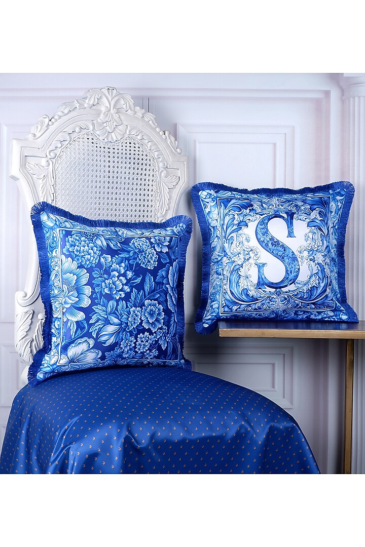 Indigo Blue Satin Alphabet Printed Cushion Covers (Set of 2) by The White Ink Decor at Pernia's Pop Up Shop