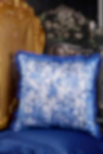 Indigo Blue Satin Floral Printed Cushion Cover by The White Ink Decor at Pernia's Pop Up Shop