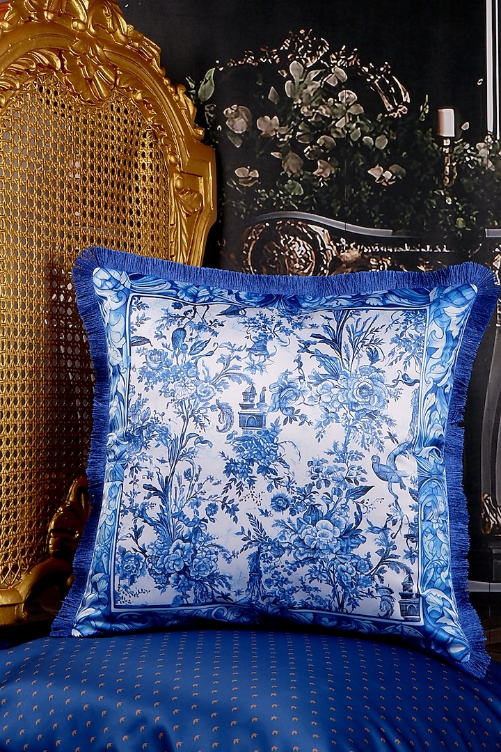 Indigo Blue Satin Floral Printed Cushion Cover by The White Ink Decor at Pernia's Pop Up Shop