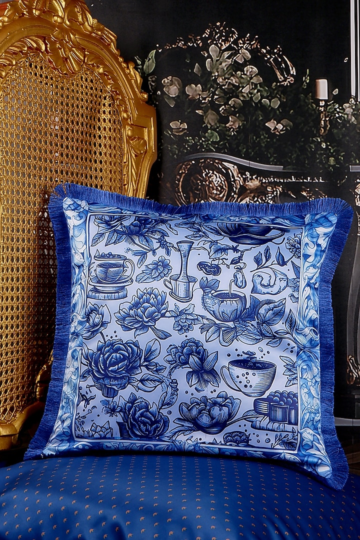 Indigo Blue Satin Motif Printed Cushion Cover by The White Ink Decor