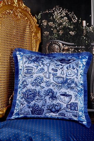 Indigo Blue Satin Motif Printed Cushion Cover by The White Ink Decor