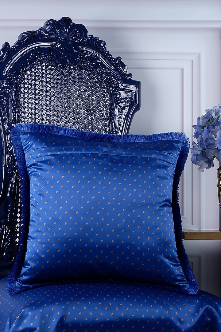 Indigo Blue Satin Motif Printed Cushion Cover by The White Ink Decor at Pernia's Pop Up Shop