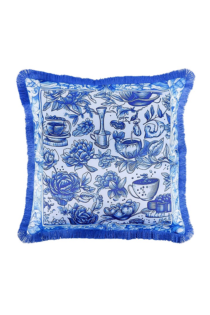 Indigo Blue Satin Motif Printed Cushion Cover by The White Ink Decor at Pernia's Pop Up Shop