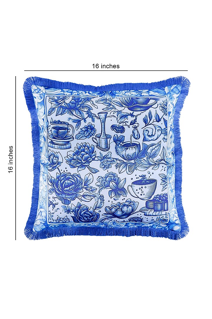 Indigo Blue Satin Motif Printed Cushion Cover by The White Ink Decor at Pernia's Pop Up Shop
