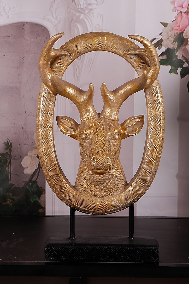 Gold Polyresin Antique Deer Showpiece by The White Ink Decor