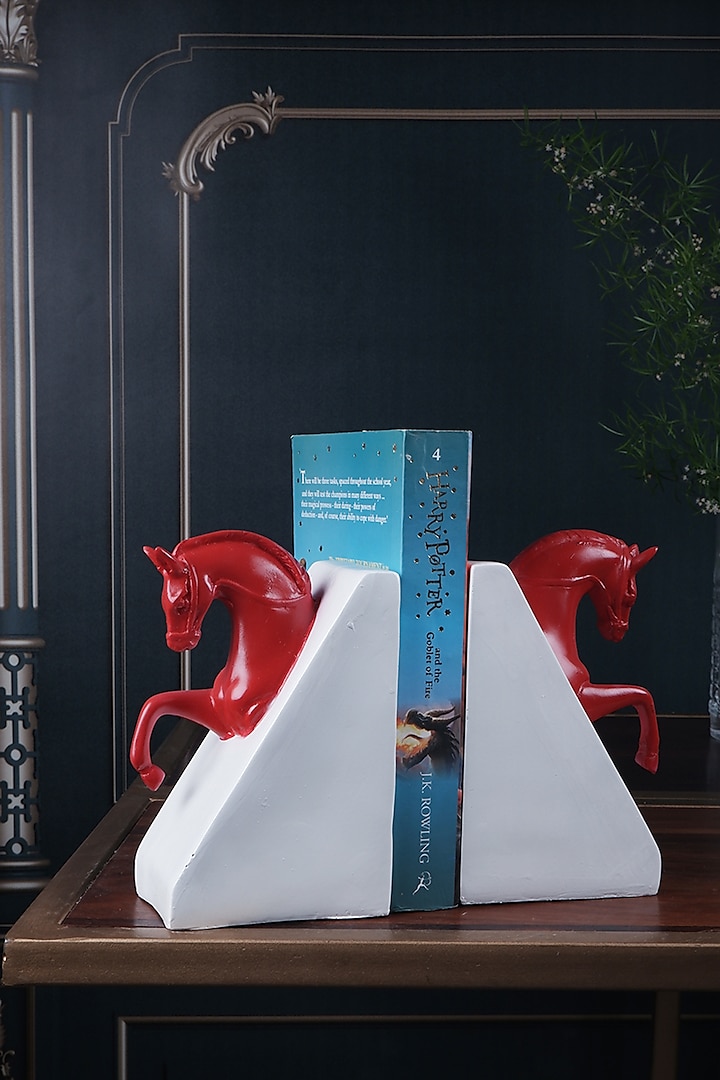 Red Polyresin Antique Bookends (Set Of 2) by The White Ink Decor
