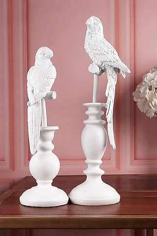 White Polyresin Antique Parrot Figurine (Set Of 2) by The White Ink Decor