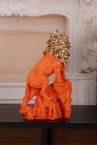 Orange Polyresin Antique Lucero Premium Lion Showpiece by The White Ink Decor