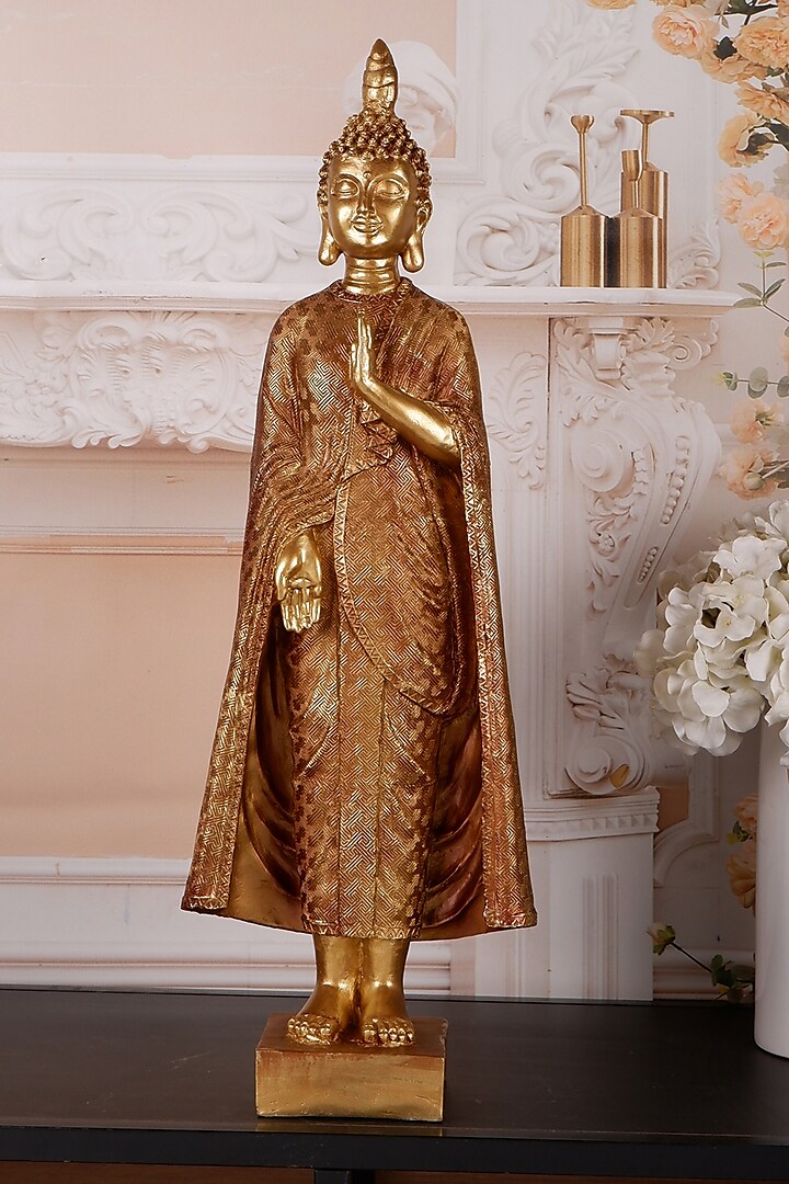 Gold Polyresin Standing Buddha Antique Showpiece by The White Ink Decor