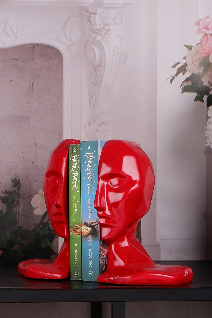 Red Polyresin Human Face Bookend (Set Of 2) by The White Ink Decor at Pernia's Pop Up Shop