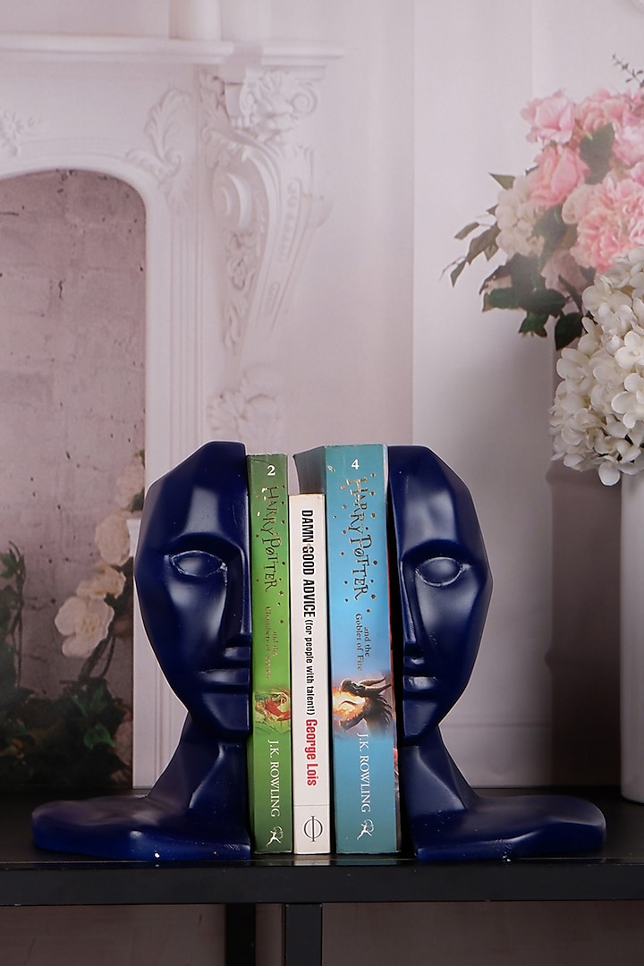 Midnight Blue Polyresin Human Face Bookend (Set Of 2) by The White Ink Decor