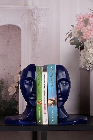 Midnight Blue Polyresin Human Face Bookend (Set Of 2) by The White Ink Decor