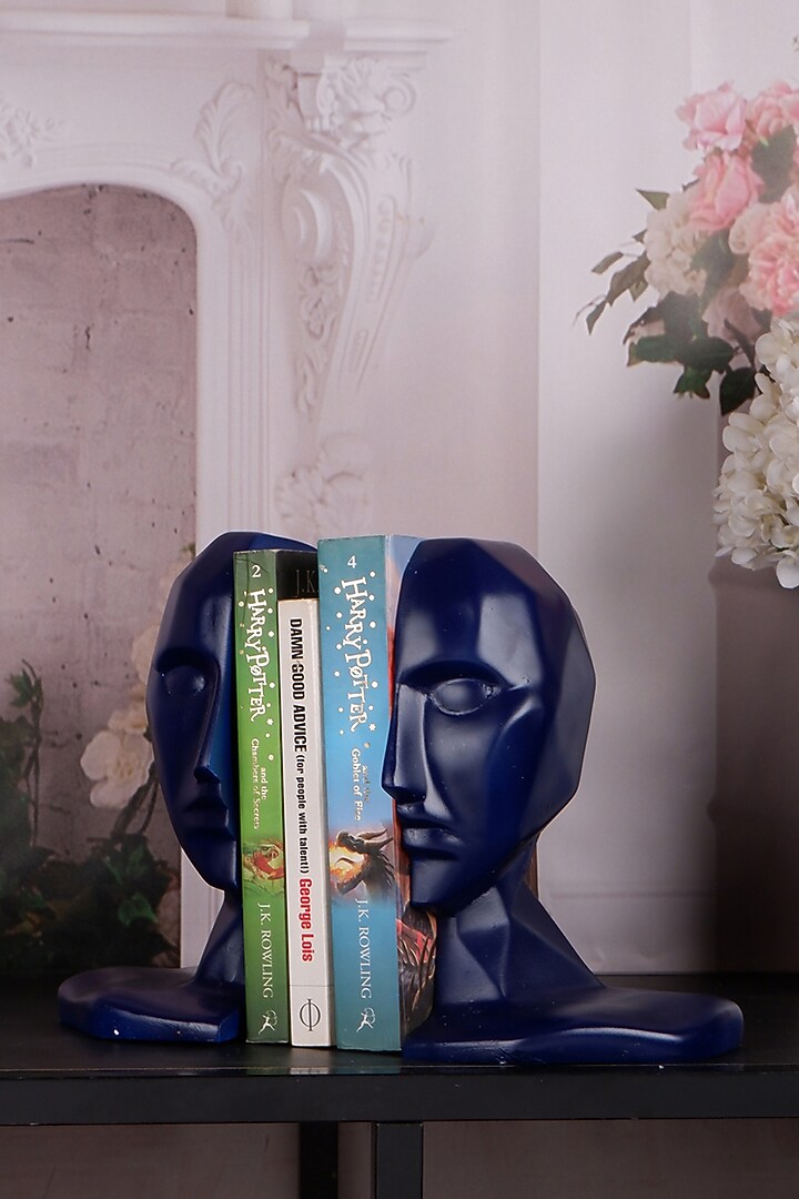 Midnight Blue Polyresin Human Face Bookend (Set Of 2) by The White Ink Decor at Pernia's Pop Up Shop