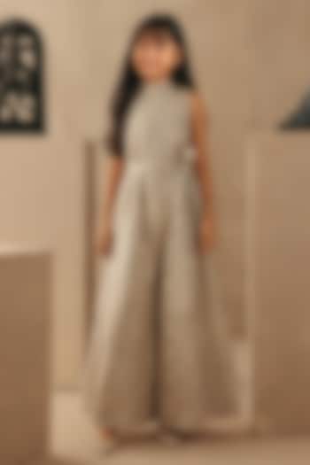 Beige Tissue Mirrorwork Jumpsuit For Girls by Twenty Nine Kids at Pernia's Pop Up Shop