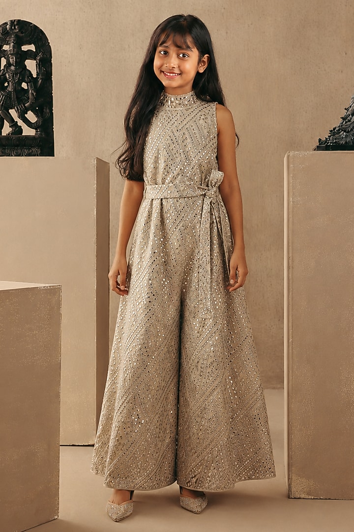 Beige Tissue Mirrorwork Jumpsuit For Girls by Twenty Nine Kids at Pernia's Pop Up Shop