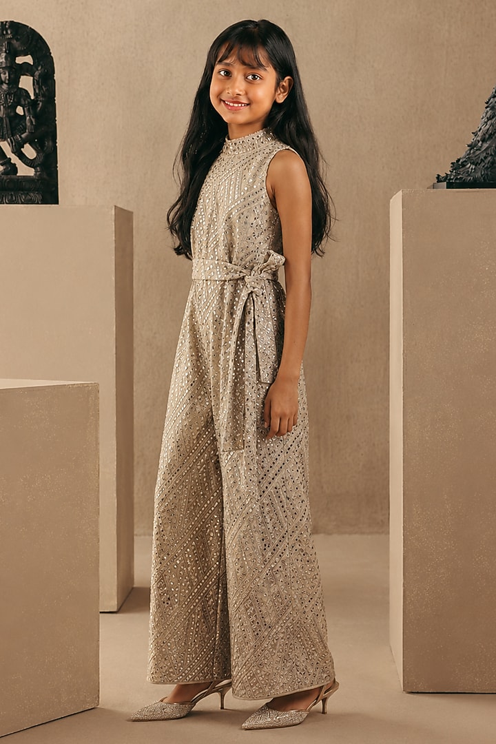 Beige Tissue Mirrorwork Jumpsuit For Girls by Twenty Nine Kids at Pernia's Pop Up Shop