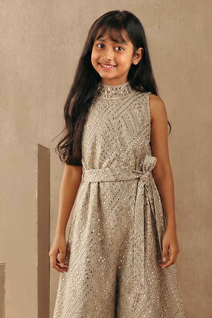 Beige Tissue Mirrorwork Jumpsuit For Girls by Twenty Nine Kids at Pernia's Pop Up Shop