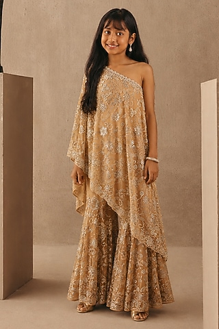 Peach Net Mirrorwork One-Shoulder Sharara Set For Girls by Twenty Nine Kids