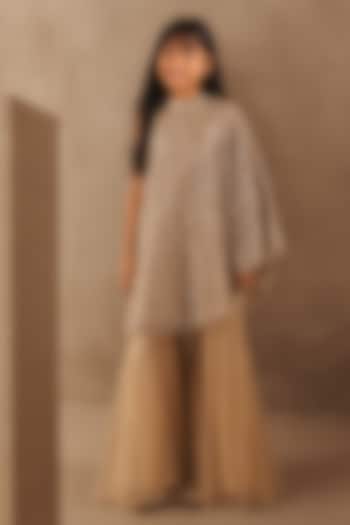 Beige Net Mirrorwork Boot-Cut Pant Set For Girls by Twenty Nine Kids at Pernia's Pop Up Shop