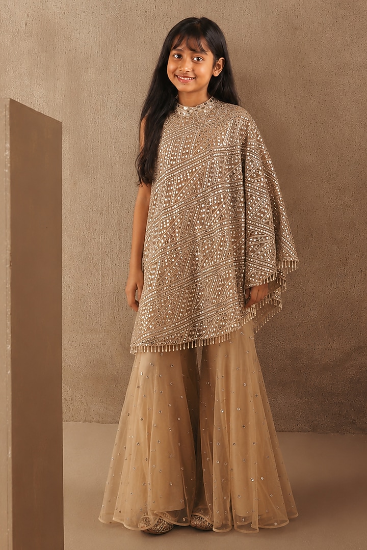 Beige Net Mirrorwork Boot-Cut Pant Set For Girls by Twenty Nine Kids at Pernia's Pop Up Shop
