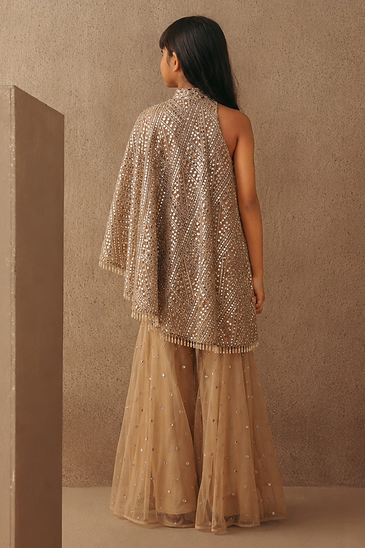 Beige Net Mirrorwork Boot-Cut Pant Set For Girls by Twenty Nine Kids at Pernia's Pop Up Shop
