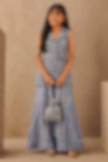 Sky Blue Net Mirrorwork Blazer Set For Girls by Twenty Nine Kids at Pernia's Pop Up Shop